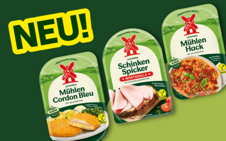 Neue Verpackungen der veganen Rügenwalder-Mühle-Produkte Mühlen Cordon Bleu, Schinken Spicker und Mühlen Hack